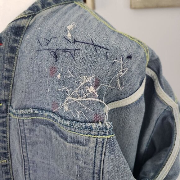 Vintage MED Denim Jean Biker Jacket UK Flag Rock & Roll Boho Retro Indie Grunge - Picture 13 of 16